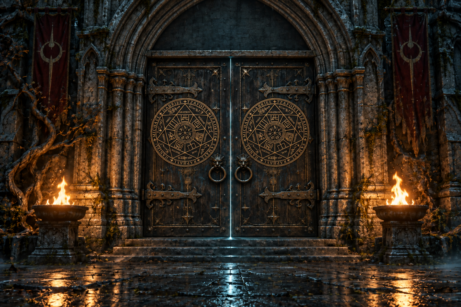 Two carved wooden doors bearing matching aged gold planetary seals within a candlelit gothic stone entrance